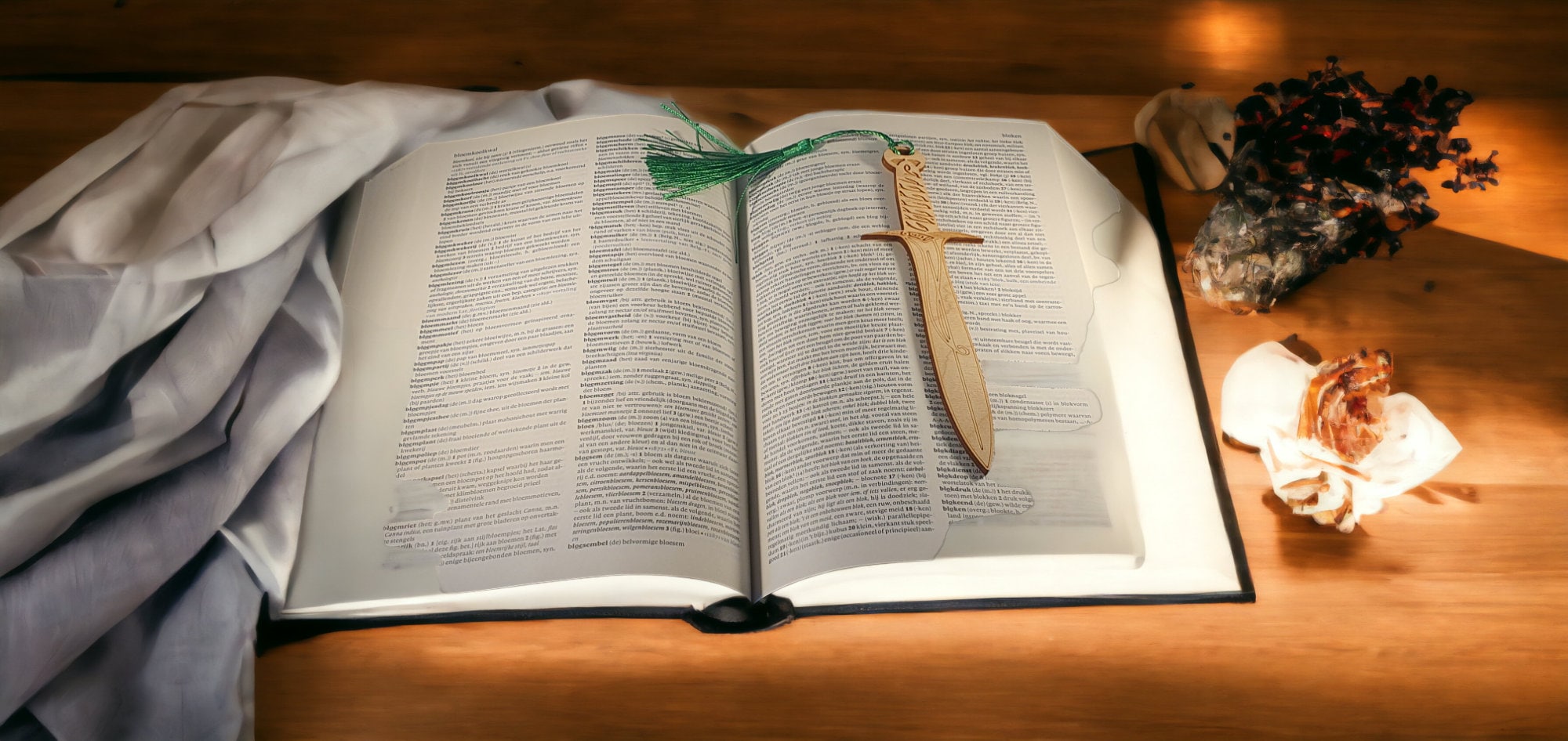 Houten bladwijzer op een open boek